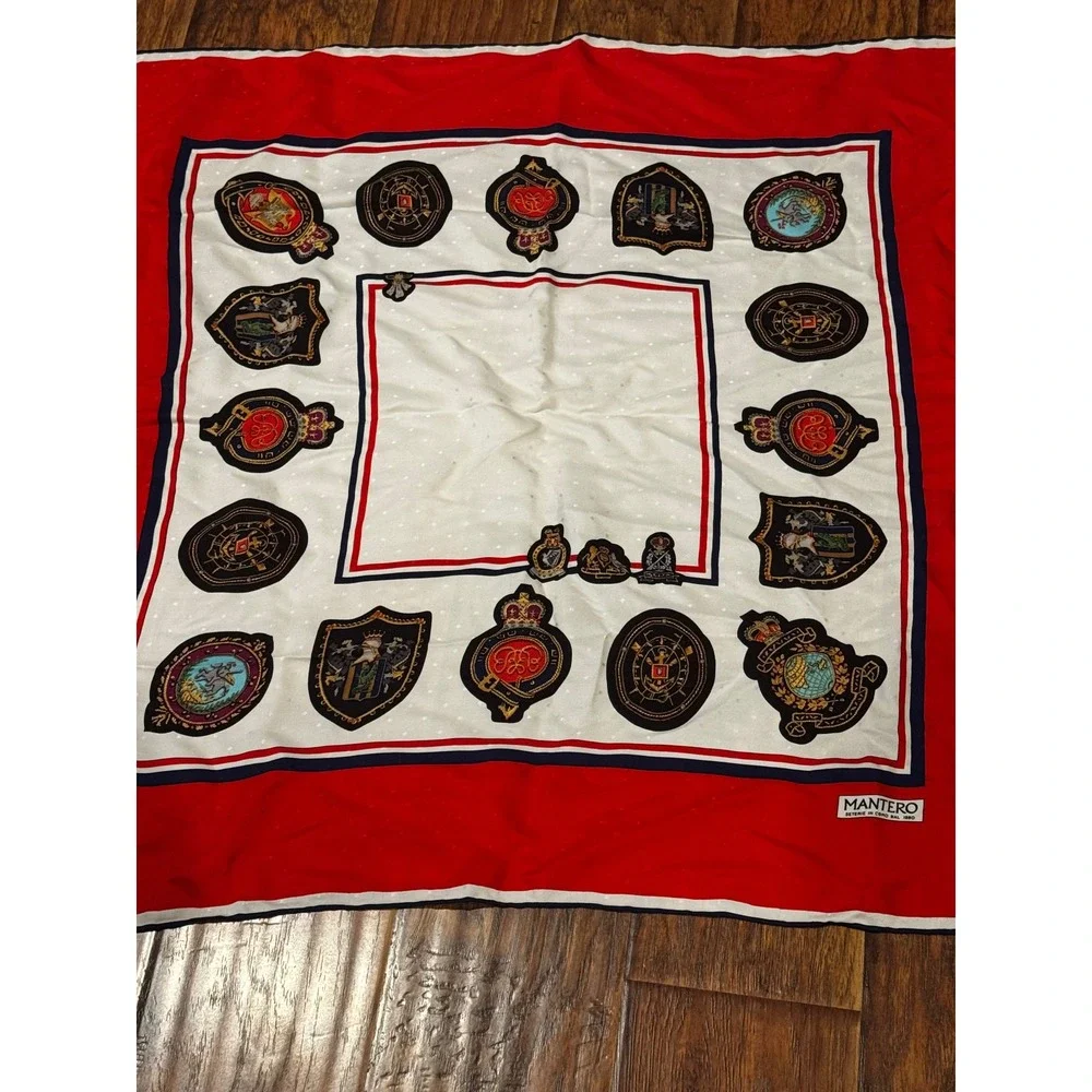 Vintage Mantero Italy 34x34 Heraldic Crest Scarf Red White Blue Square Neck Wrap